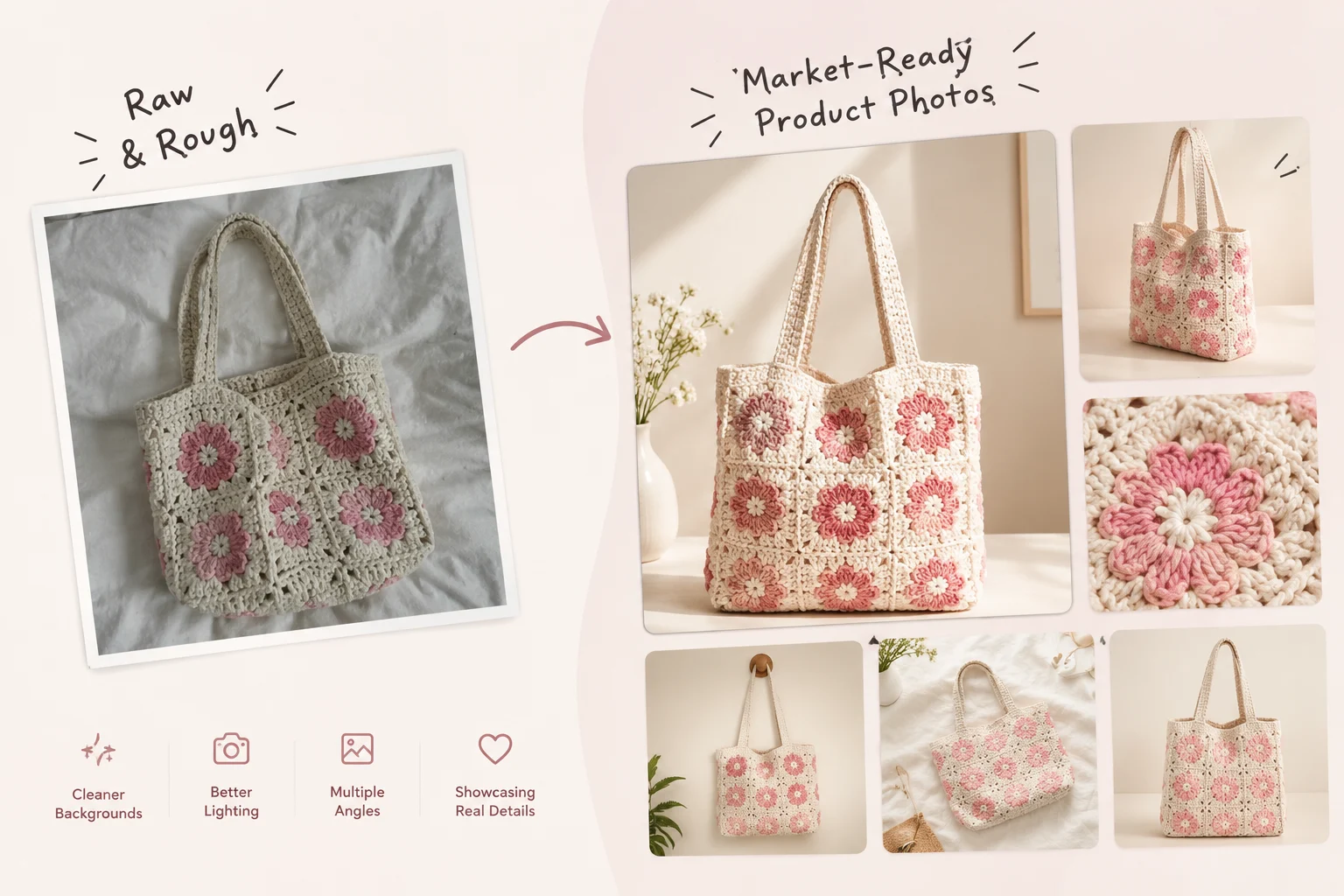 A raw phone snapshot of a crochet tote next to six clean, market-ready product photos